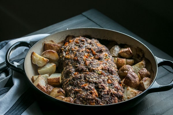Classic meatloaf recipe straight out of the oven in a cast iron skillet