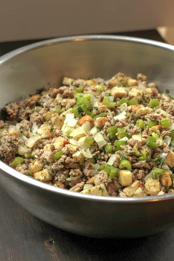 turkey stuffing mixed together in a large bowl