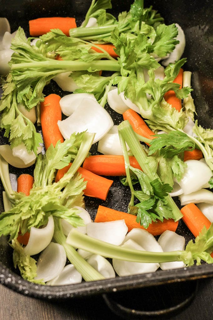 a roasting pan full of veggies