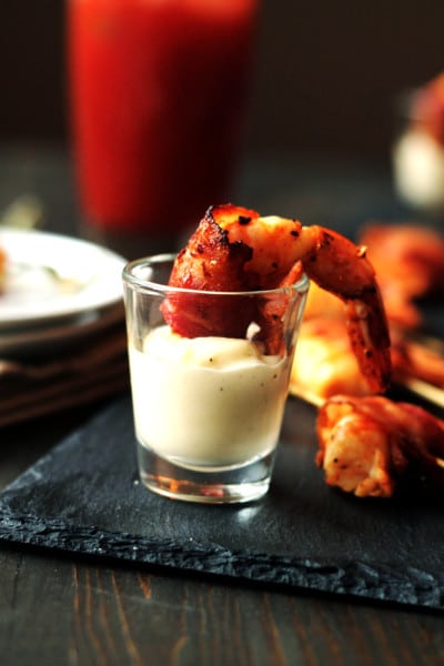 Bacon Wrapped Prawns with Roasted Garlic and Truffle Oil Aioli