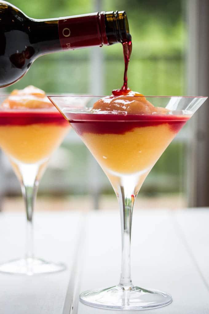 Frozen Peach Bellini Recipe with Homemade Raspberry Liqueur
