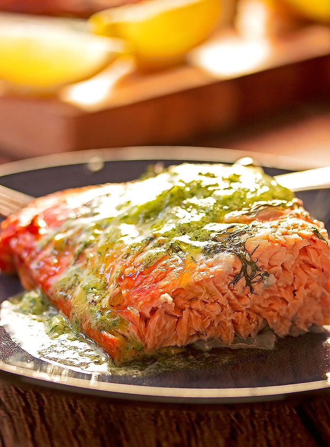Maple Plank BBQ Salmon with Roasted Garlic, Lemon & Dill Butter