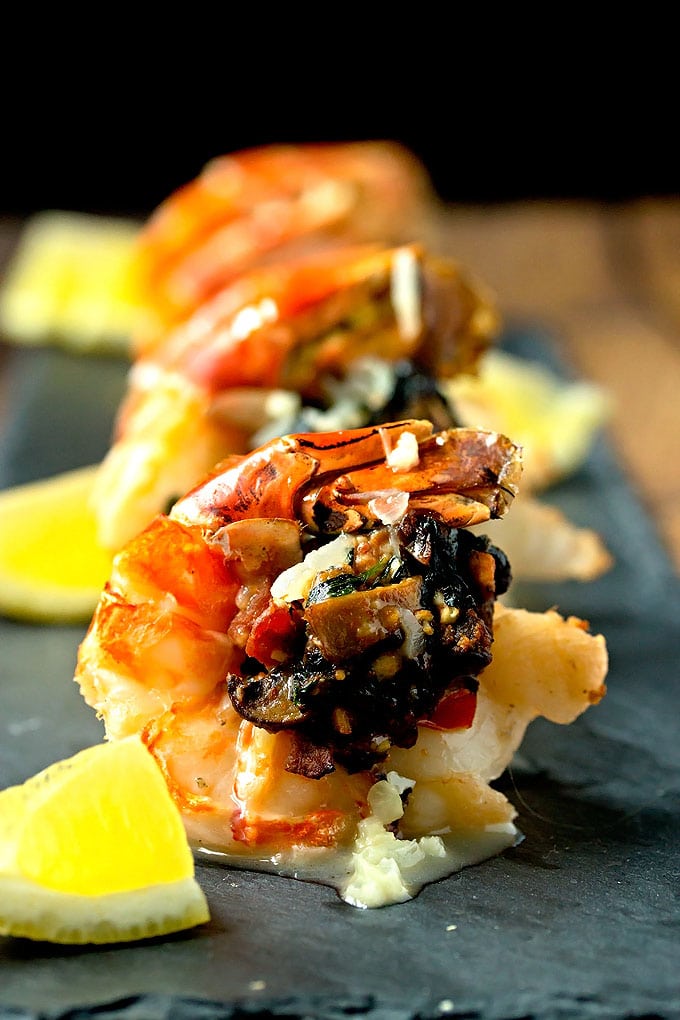 Bacon, Mushroom & Tomato Stuffed Scampi with a White Wine Sauce