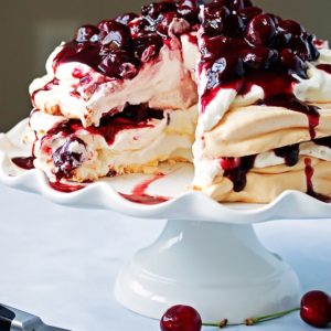 Pavlova with Red Wine Cherry Compote & Marscapone Whipped Cream