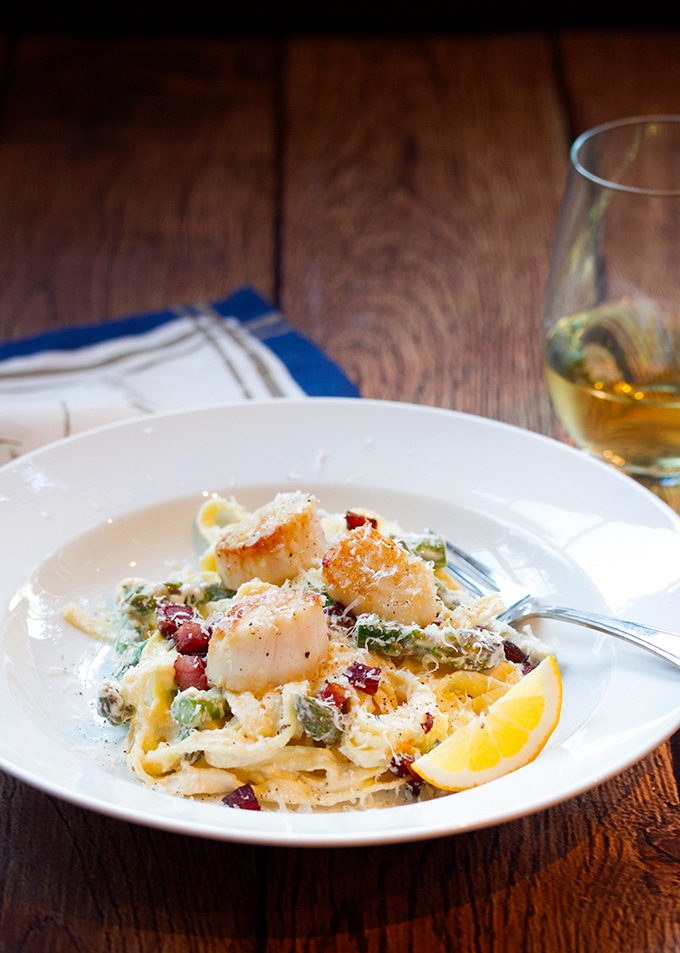 Asparagus & Meyer Lemon Pasta Fonduta with Pan Fried Scallops