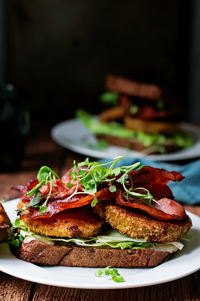 open faced sandwich with fried green tomatoes, bacon, and balsamic mayo