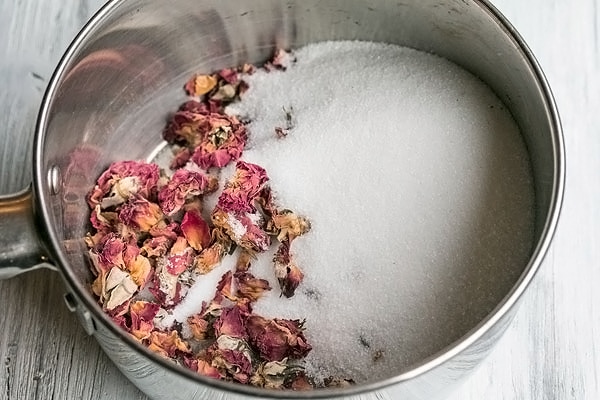 dried rose blossoms ready to make rose syrup