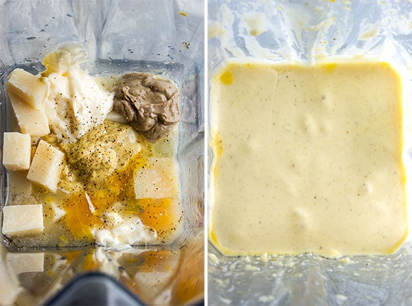 photos showing the process of making caesar dressing in a blender