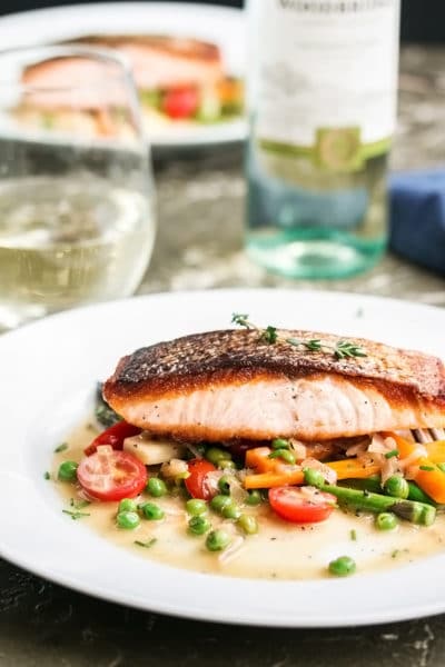 Perfect Pan Fried Salmon with Spring Vegetables & a Simple White Wine Sauce