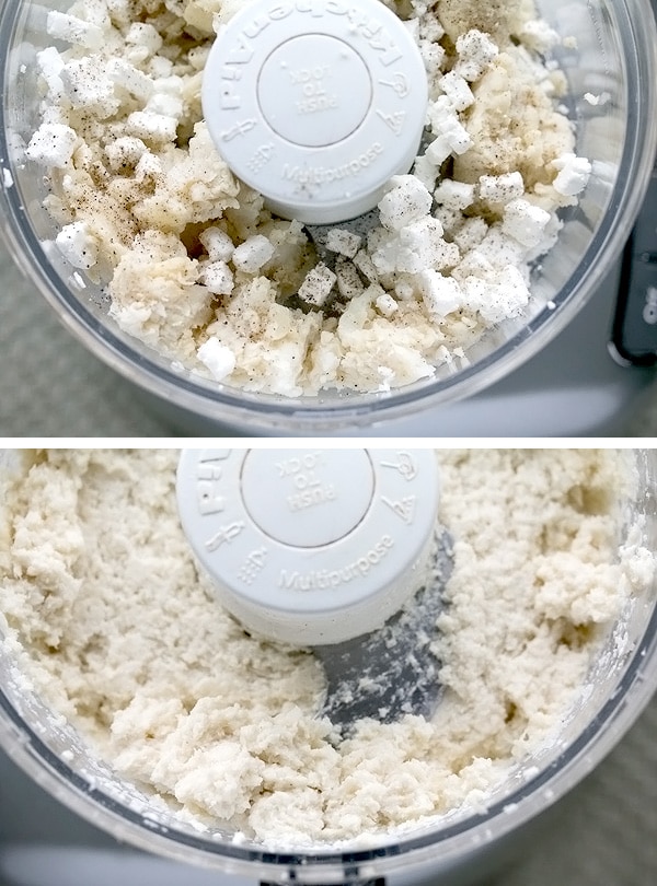 cauliflower mash being made in a food processor