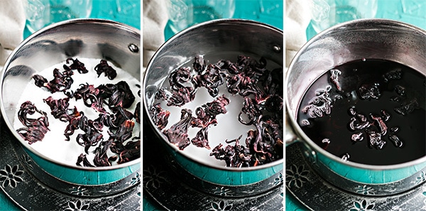 cooking the hibiscus syrup