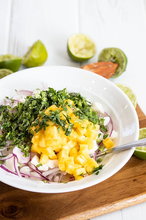 bowl with halibut, red onions, cilantro, jalapeno, and pineapple