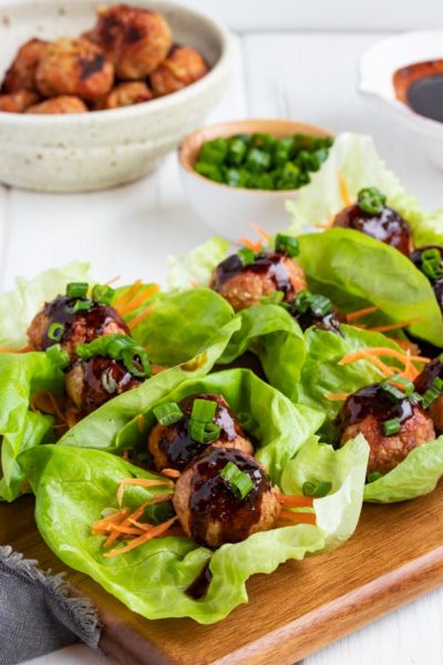 Asian Meatballs in Lettuce Wraps with Gyoza Sauce