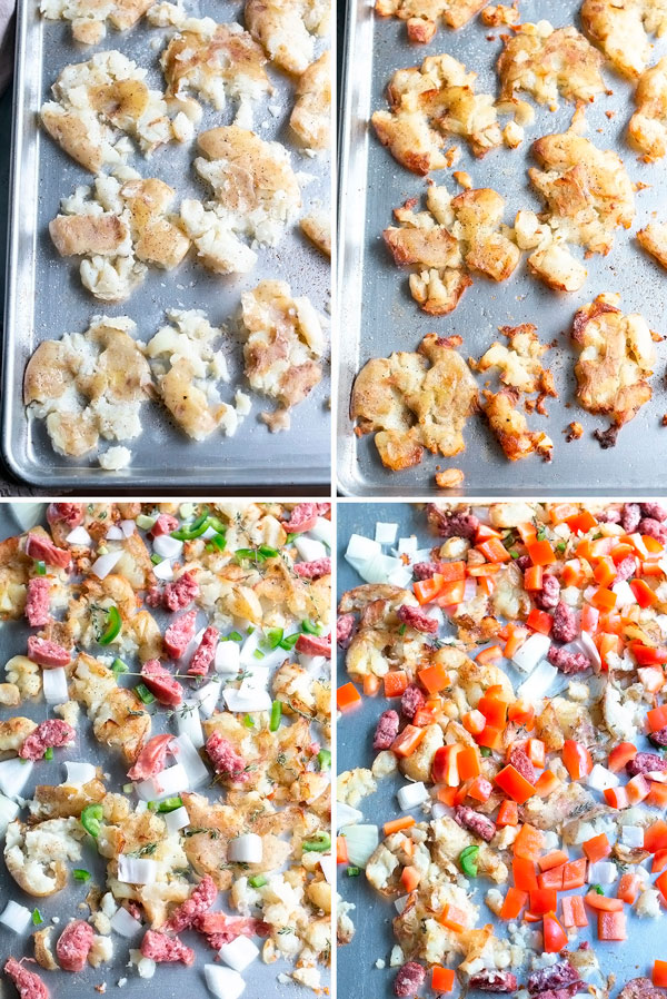 pictures showing how to make breakfast hash on a sheet pan