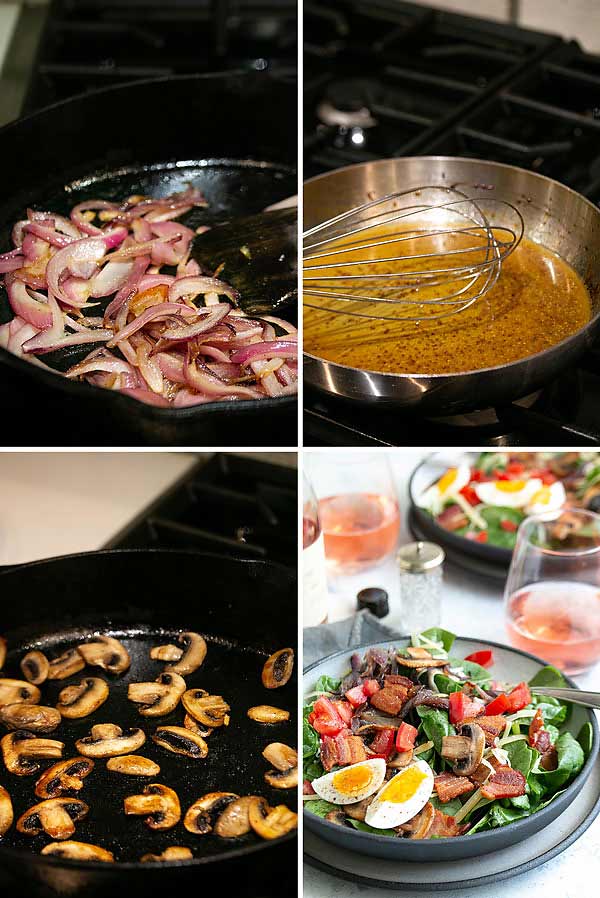 pictures showing how to make the spinach salad and warm bacon dressing