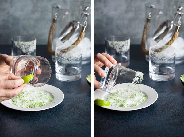 two pictures showing how we rimmed our glass with a lime wedge and then salt and lime zest