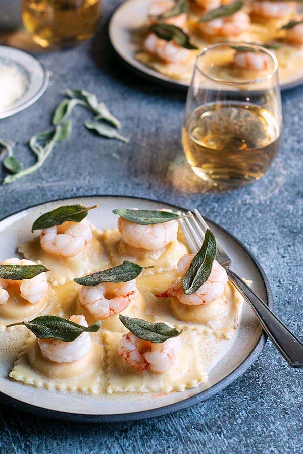 Homemade Butternut Squash Ravioli with Prawns, Fried Sage and Truffle Oil Sauce