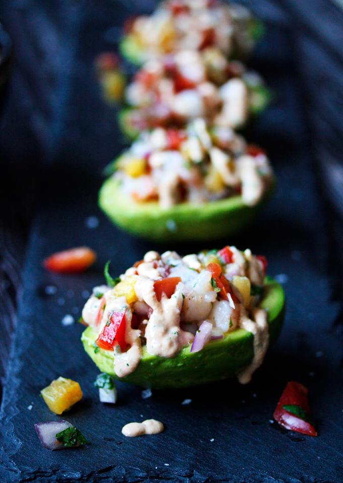 Pineapple and Prawn Salsa on Avocados with Cashew Cream Sauce