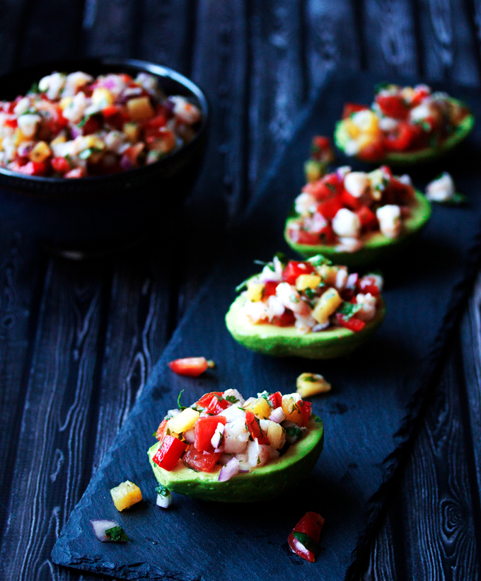 Pineapple and Prawn Salsa on Avocados with Cashew Cream Sauce