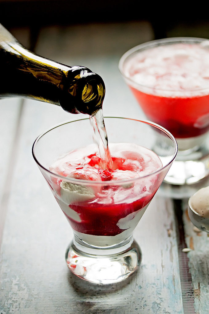 Raspberry Vodka & Champagne Float with Vanilla Bean Coconut Ice Cream