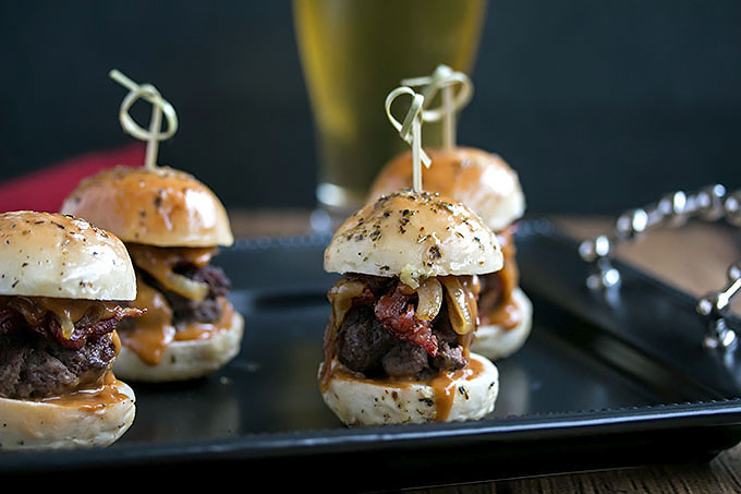 Whiskey Beef Sliders with Caramlized Onions, Bacon & Homemade Buns