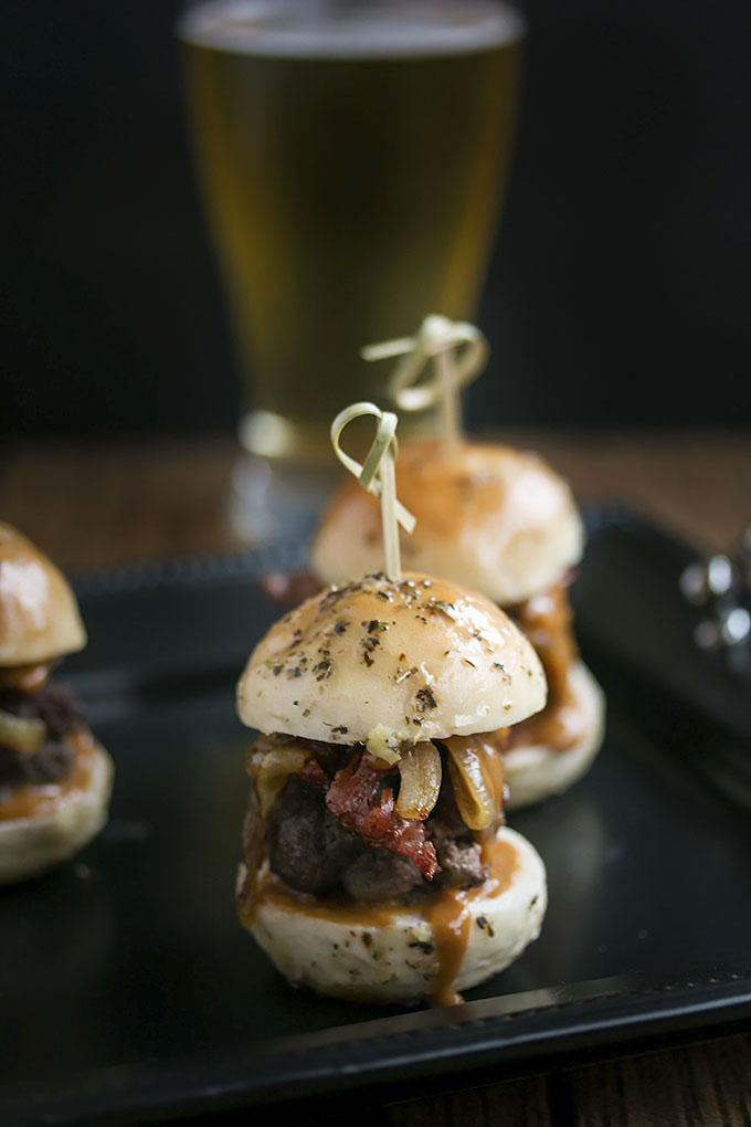 Whiskey Beef Sliders with Caramlized Onions, Bacon & Homemade Buns