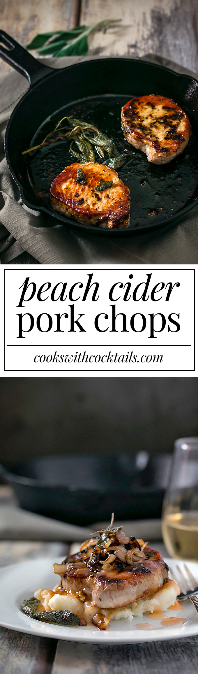 Peach cider, in a sauce form, drizzled all over marinated rosemary pork chops and topped with caramelized onions.