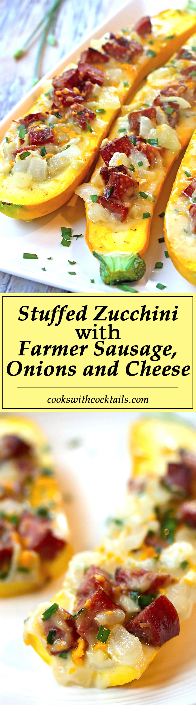 Stuffed Zucchini with Farmer Sausage, Onions & Cheese